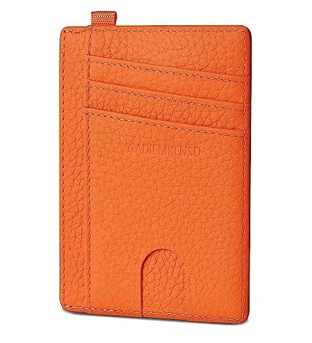 GADIEMKENSD Minimalist Genuine Leather Credit Card Holder RFID Blocking Light Slim Wallet with D-Loop for Lanyard Key Compact Bus Pass Purse for Men Women Business Travel Orange
