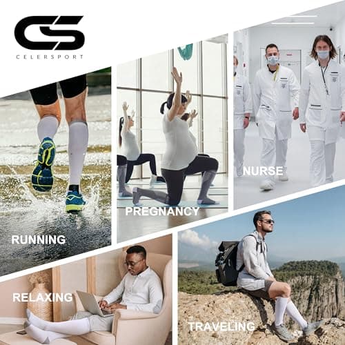 CS CELERSPORT 3 Pairs Compression Socks for Women and Men 20-30 mmHg Travel Flight Socks Knee High Socks（White/Black/Grey），Small/Medium — view 2