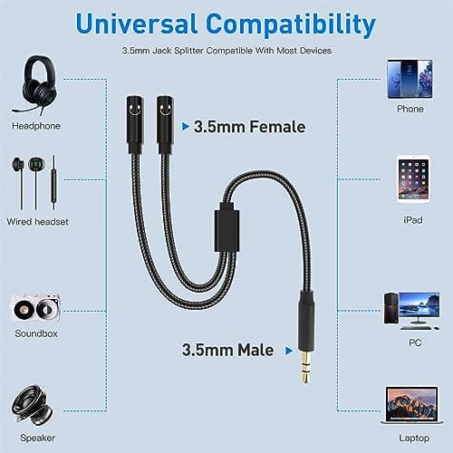 lalasis Audio Splitter Jack Y Aux Adapter,3.5mm Male to Female Headset Stereo Aux Splitter Cable headphone double plug for Laptop,Tablet,Smartphone,Samsung,Speaker,PC,Live etc. Black — view 3