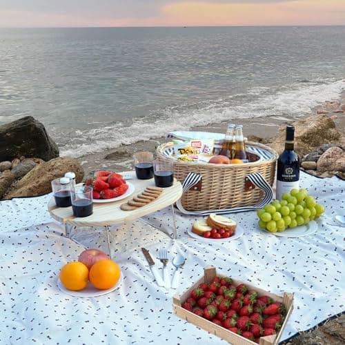 STBoo Picnic Basket for 4, Insulated Wicker Hamper with Table (Stripe) ﻿ — view 2