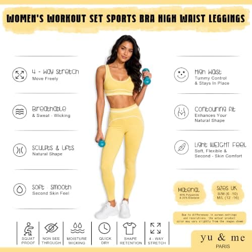 Yu & Me PARIS Womens Gym Set 2 Piece Activewear Sports Padded Bra & High Waist Leggings Tummy Control Workout Yoga Fitness Co Ord Set Size (Yellow, L/XL, 14-16) — view 2