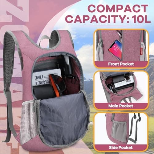ZOMAKE Lightweight Foldable Backpack, Packable Rucksack (10L/Pink) — view 3