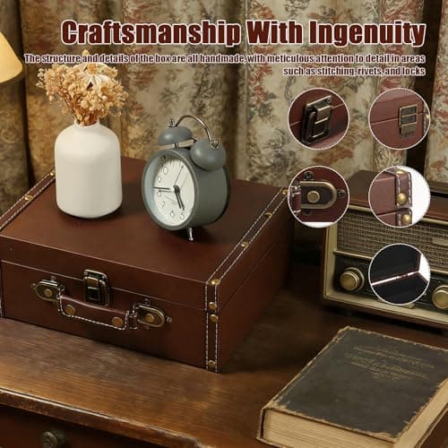Zhjiutak Vintage Leather Suitcase, 26x21x10cm Retro Leather Trunk Luggage,Decorative Prop Luggage Portable Wooden Storage Carrying Case PU Leathers Storage Box for Storing Clothes Jewelry(large) — view 5