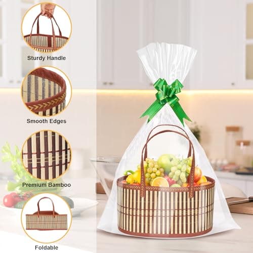 2-Pack Woven Bamboo Gift Basket Set, with 2 Bags, Bows, Cards & Fill, Easter Christmas Birthday Housewarming Hamper, Home Storage & Decor Organiser (Brown & Green) — view 3