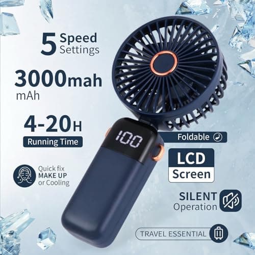 CNMTCCO Handheld Fan,Portable Mini Fan 3000 mAh Rechargeable with 5 Speeds,Quiet Foldable Desk Fan,Small Pocket Hand Fan with Base & Lanyard for Travel,Office,Home and Summer Essentials — view 3
