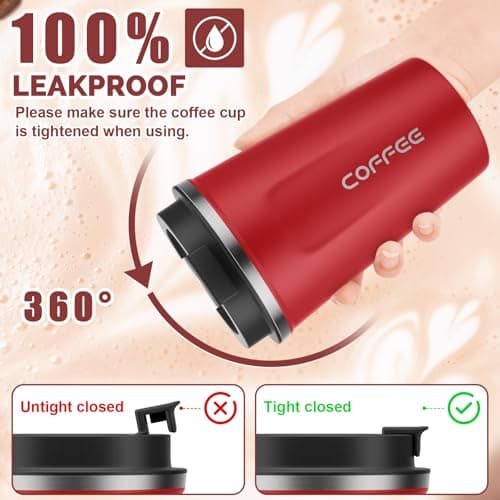 MOMSIV Coffee Cup, 380ml Stainless Steel Coffee Mug with Leak-Proof Lid, Insulated Vacuum Leakproof Travel Mug, Double-Walled Insulated Car Mug for Coffee, Tea Water (Red) — view 4