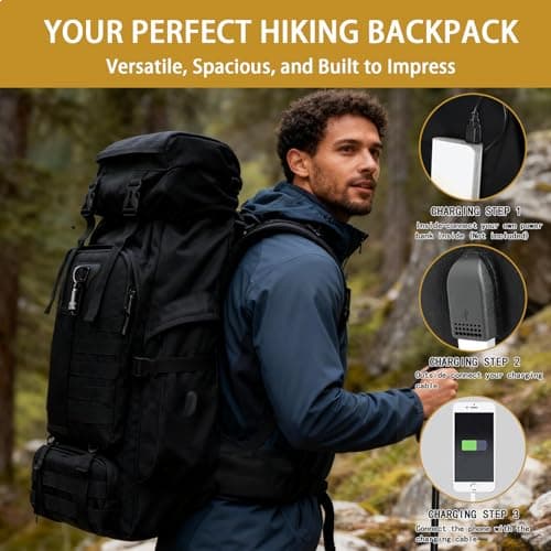 Vaupan 80L Camping Hiking Backpack, Large Military Tactical Backpack with USB Charging Port, Waterproof Travel Daypack With Carabiner Outdoor MOLLE Rucksack for Men Women (Black-Biner) — view 2