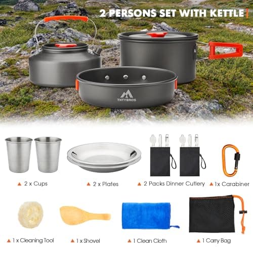 THTYBROS 17-Piece Camping Cookware Set, Hard Anodised Aluminium Pot Pan Kettle with 2 Stainless Steel Cups Plates Cutlery for Outdoor Hiking Backpacking Picnic — view 4