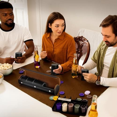 X SIM FITNESSX Leather Dice Cup Set, 5 Black Leather Dice Cups + 25 Dice + Exclusive Storage and Transport Case Made of Faux Leather with Magnetic Closure — view 6