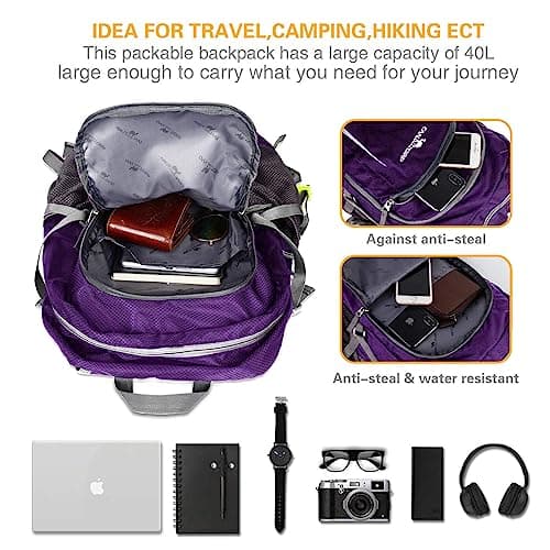 Loocower 45L Ultra Lightweight Foldable Backpack Hiking Daypack Walking Rucksack Water Resistant Packable Camping Mountaineer Outdoor Sport Knapsack for Men Women (05.Purple) — view 5