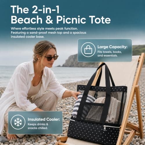 DINSAGE Large Mesh Beach Bag with Zip and Cooler for Women and Men, Sandproof Waterproof Foldable Tote, Extra Large Capacity Beach Bags for Women, Ideal for Beach, Pool, Travel, Picnic and Daily Use — view 4