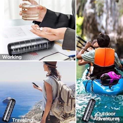 Metal Pill Organizer Weekly,Stackable Waterproof Travel Pill Box,Travel Hiking 7 Day Pill Box Case,Date Display,Large Compartment to Hold Pills, Vitamins,Fish Oil, Supplements (Black) — view 2