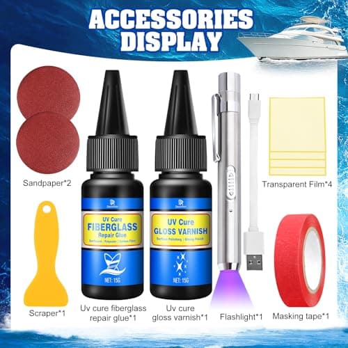 UV Cure Fiberglass Repair Kit, 15g+15g Clear for Carbon Fiber, Polyester Fiber,Fiberglass- Ideal for Repairing Cracks,Holes In Boat,Jet Ski, Yacht, Surfboard And Other Water Vehicles — view 2