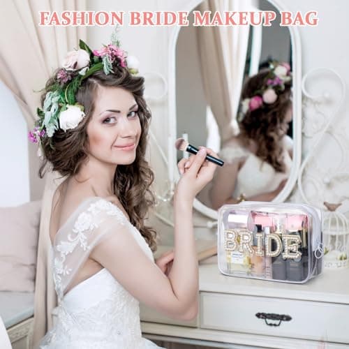 Bride Clear Cosmetic Bag, Etercycle Bachelorette Gifts for Bride Makeup Bag, Portable PVC Travel Toiletry Bag Bling Pearl Rhinestone Patch Letter Bags for Women Wedding Bachelorette Party (Gold) — view 6