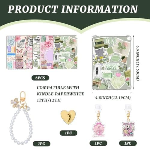 VelvetGlow 6pcs Inserts for E-Reader Clear Case, 2pcs Dust Plug Charms Set, Retro Phone Charm Accessories, Cardstock Inserts for Kindle Paperwhite 11th-12th generation, Gift for Book Lovers (Style E) — view 2