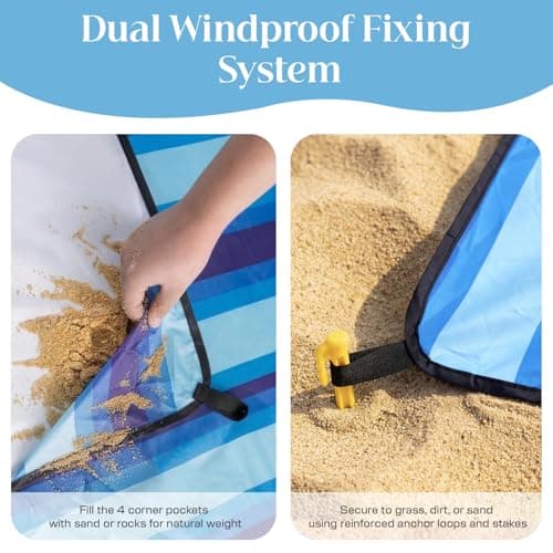 Beach Blanket Sandproof Waterproof,274 x 305 cm Extra-Large Beach Mat with Stakes &Travel Bag,Lightweight,Quick Dry,Portable Picnic Mat Beach Essentials for Outdoors,Cruise,Picnic &Camping,Blue Stripe — view 3