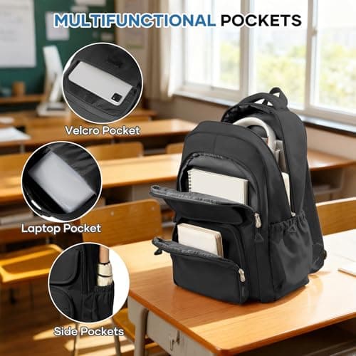 HYC00 School Bag Girls Teens Backpack Womens Fits 15.6 Inch Laptop Water-Resistant Lightweight Rucksack Bag for Women with Anti-Theft Pocket for School College Travel Work Daily Casual Daypacks, Black — view 5