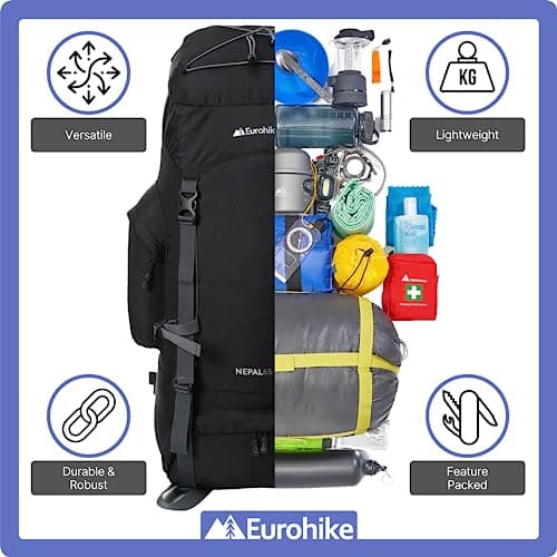 Eurohike Nepal 65 Litre Rucksack with Ventilated Back Panel & Padded Harness, 65L Backpack, Bag for Men & Women, Adjustable, Lightweight, Camping, Hiking, Trekking, Travelling, Outdoors, Black — view 3