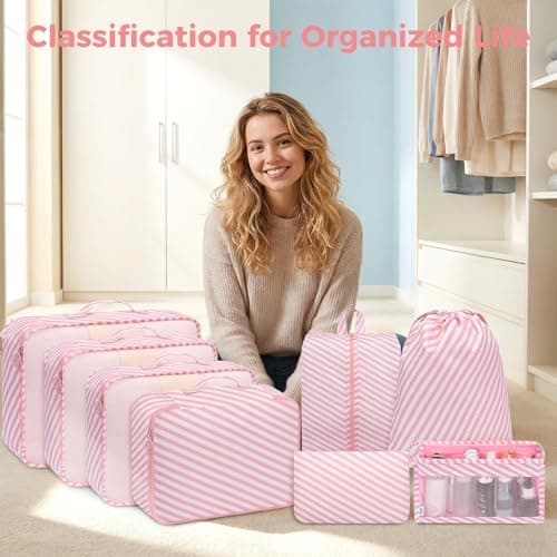 BAGAIL 8-Piece Packing Cubes Set, Travel Organizers with Breathable Mesh & Shoe Bag, Lightweight Nylon Packing Organisers for Luggage Suitcase, 9 Colors - Pink Stripe — view 2