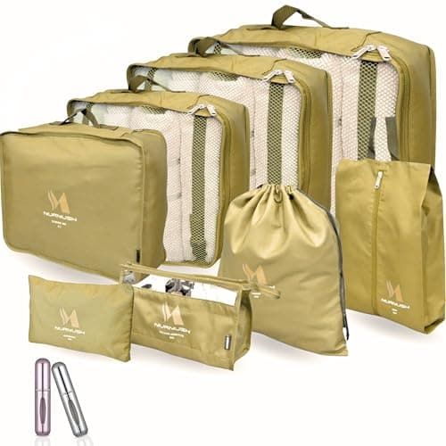 Murmush Eco Packing Cubes for Suitcases 8 PCS + 2 Perfume Atomizers, YKK Zips Suitcase Organiser Bags, Labelled Packing Cubes for Backpack, Ox Fabric Travel Organiser Packing Bags, Brown
