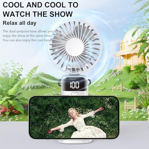 Jumkeet Handheld Fan, Mini Portable Foldable Fan with USB Rechargeable Battery 2600mAh, 5 Speeds Battery Operated Desk Desktop Fan with LED Display & Base for Home Office School Travel Outdoor (White) — view 6