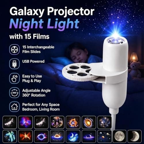 KQLHLHDYZ Galaxy Projector Night Light, 5D Holographic Night Light Projector with 15 Patterns Plug and Play USB Powered 360° Adjustable, Moon&Star Projector for Bedroom — view 3