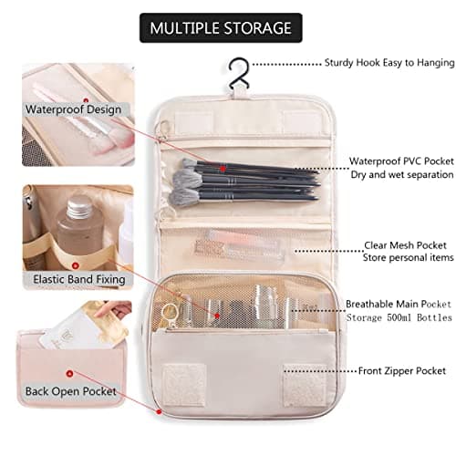 Travel Hanging Toiletry Wash Bag, Veyarien Folding Waterproof Makeup Cosmetic Bags Organizer for Women Ladies Girls (Beige) — view 5