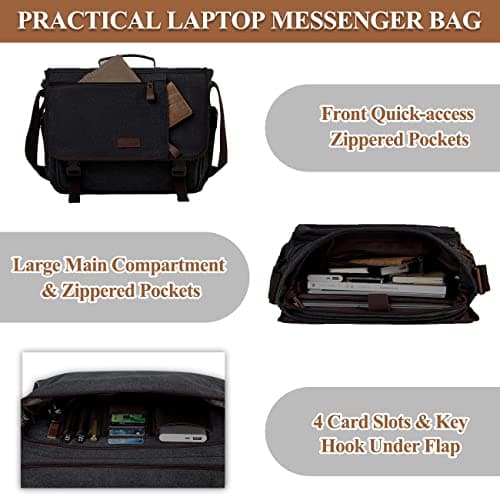 VASCHY Messenger Bag, Waxed Canvas Man Bag 15.6 inch Laptop Shoulder Bag for Men Women Water Resistant Briefcase Satchel with Shoulder Strap and Luggage Sleeve for Work,School,Business Trip (Grey) — view 5