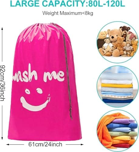 CJWLKJ 2-Pack XL Travel Laundry Bags, Machine Washable Dirty Clothes Organizer, Large Enough to Hold 4 Loads of Laundry, Easy Fit a Laundry Hamper or Basket (Pink+Black, 24" x 36") — view 3