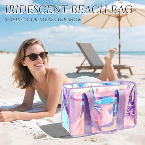 Fammart Iridescent Clear Beach Bags Waterproof Sandproof for Women, Large Jelly Tote Zipper Pool Bag Cruise Essentials 2026, Large - Iridesent Purple, L, Fashion — view 3