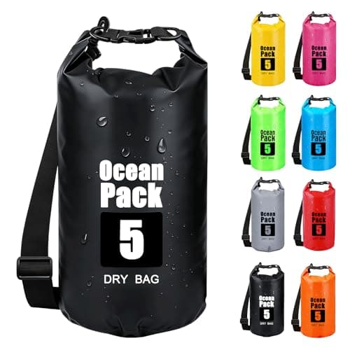 RONGZUBAT 5L Waterproof Dry Bag with Adjustable Shoulder Strap, Roll Top Dry Sack, Lightweight Waterproof Bag for Kayaking, Paddle Boarding, Boating, Beach, Swimming, Camping and Travel - Black