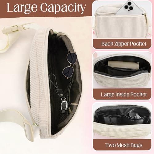 Corduroy Waist Bag for Women, Bumbag Belt Bag Sling Bag Women's Shoulder Bag Crossbody Bags for Women with Adjustable Shoulder Straps, Gift for Her (Off-White) — view 6