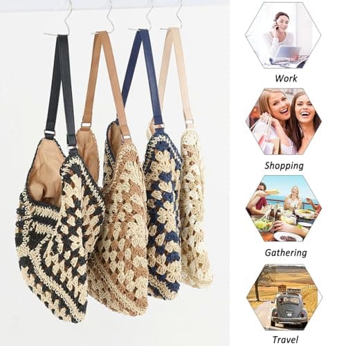 Skyearman Ladies Straw Shoulder Bag For Women Summer Beach Bag Large Fashion Shoulder Bag Straw Bag Hand-woven Handbags for Work Beach Trip Vacation (Blue) — view 6