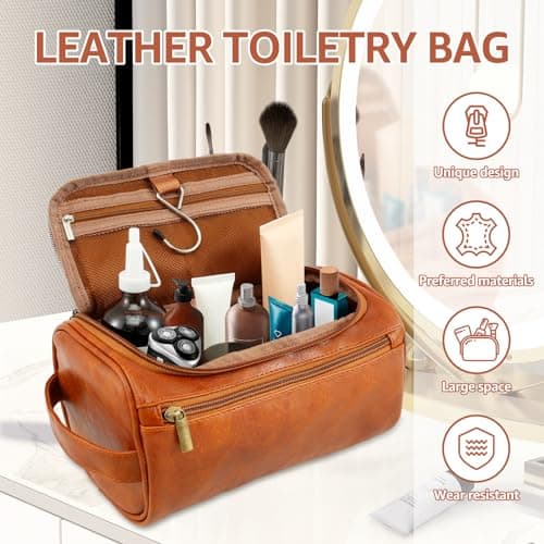 Water-Resistant Leather Toiletry Bag for Men, Large Travel Wash Bag with Handle, Shaving Bag Makeup Bag Organizer Portable Cosmetic Bag for Travel, Men Gift — view 5