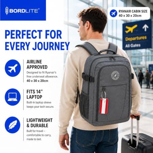 Bordlite Ryanair Cabin Backpack 40x30x20cm Underseat Bag, Personal Item Hand Luggage with Front Compartment, Compression Straps - Included Luggage Tag, Grey — view 3