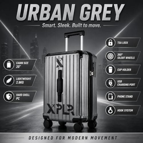 XPLR 55x34x24cm Cabin Suitcase - Hard Shell 20" Carry On Bag Luggage - USB Charging Port - Cup Holder - TSA Lock - 360° Wheels - Lightweight 2.8kg Hand Luggage for Travel (Urban Grey) — view 2