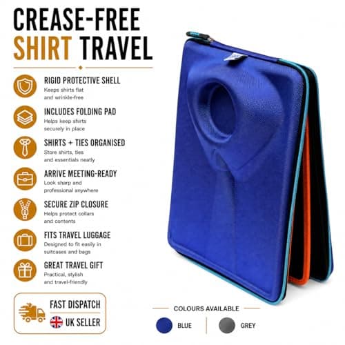 QHA Shirt Carrier Case for Travel, Rigid Crease-Free Shirt Folder with Folding Pad Insert & Zip Closure, Business Travel Organiser for Shirts & Ties, Unisex (Q95) Blue — view 2