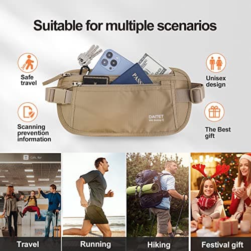 DAITET Money Belt - Passport Holder Secure Hidden Travel Wallet with RFID Blocking, Undercover Fanny Pack (Beige) — view 5