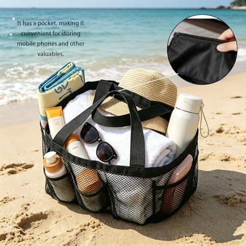 Mesh Beach Bag,Large Lightweight Tote Bag Sand Free 8 Pockets Beach Hollow — view 6