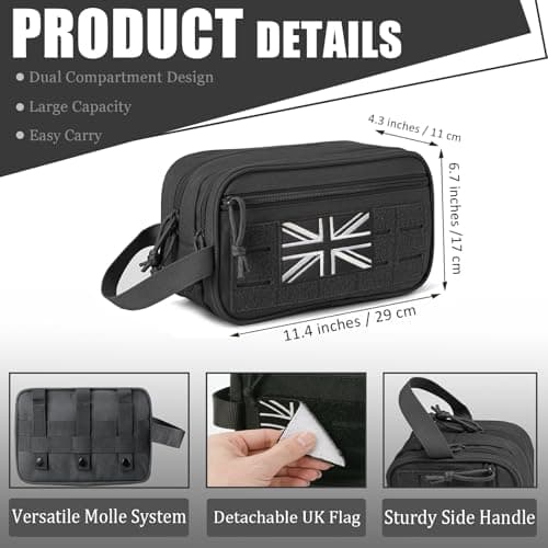 Mens Toiletry Bags, Travel Wash Bag for Men, Small Tactical Washbag with Dual Compartments & Waterproof Wet Pocket, Boys Toiletry Bag with Molle Design & UK Patch — view 2