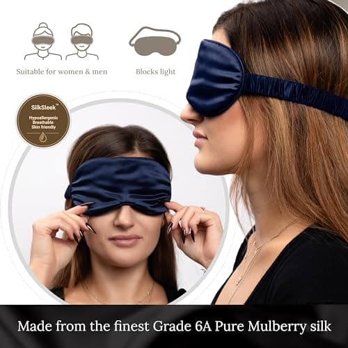 SILKSLEEK Eye Mask for Sleeping, 22 Momme Pure Mulberry Silk Sleep Mask Filled with 100% Pure Silk, Travel Essentials, Super Soft & Comfortable Blackout Eye Mask in Gift Box… (Navy Blue) — view 5