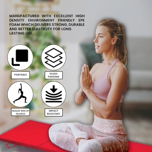 MAXSTRENGTH Tri Folding Exercise Mat – Extra Thick Non-Slip Foam Mat for Gymnastics, Yoga, Home Gym, Pet Wellbeing & Children’s Nurseries – Portable with Carry Handle (Red) — view 4