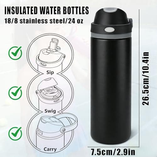 Eastrise 24oz Insulated Water Bottle with Convertible 2-in-1 Lid,Metal Water Bottle,24H Cold&12H Hot,Leakproof, Fits Car Cup Holder, BPA-Free Stainless Steel for Gym, Commute & Travel-Black — view 2