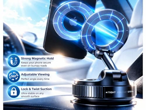 Magnetic Car Phone Holder for MagSafe, Vacuum Suction Cup Car Mount, 360° Rotatable Foldable Dashboard & Windscreen Mobile Holder for iPhone 17/16/15/14/13/12, Samsung & Android, Black — view 3