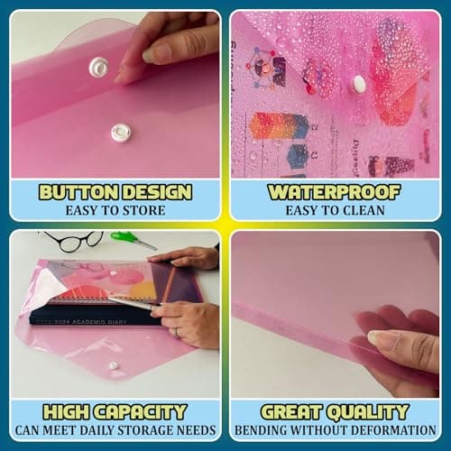 A4 Plastic Wallets for Documents with Button Closure, Pack of 10 (Pink) — view 2