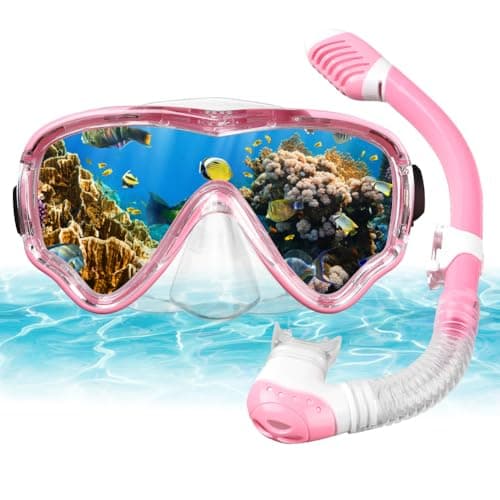 AOOSA Kids Snorkel Set, Anti-Fog Tempered Glass Diving Mask Snorkeling Gear
