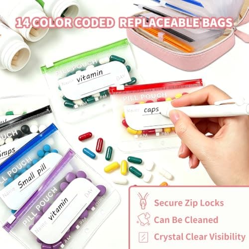 A8 Waterproof Pill Organiser Pouch Set with14 Color-Coded Bags Large Capacity Pill Pouches for Travel Reusable Medicine Pouch for Medication/Fish Oils/Vitamins 14 Day Travel Pill Box (Pink) — view 5