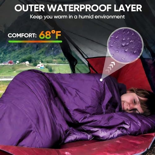 Sleeping Bags for Adults & Kids Sleeping Bag 3 Season, Ultralight Carry Bag, Adult Blanket, Lightweight Compact for Outdoor Camping, Travel, Hiking, Indoor & Outdoor Use (Purple) — view 6