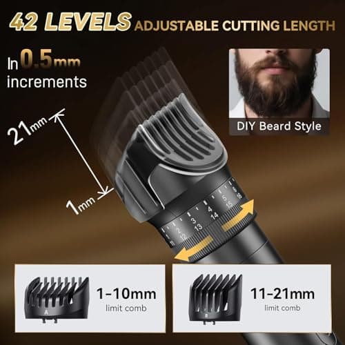 Beard Trimmer Men, 42 Adjustable Length Settings Hair Clippers Body Hair Trimmer Men with Zoom Wheel(1-21mm), Beard Trimmer Rechargeable Waterproof Electric Razor for Nose, Face, Head and Body — view 3