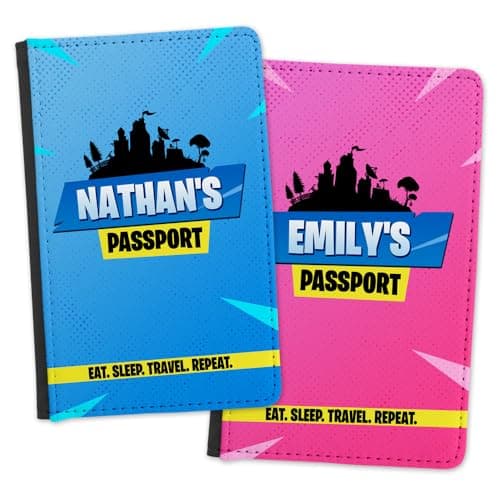 EnvyFone Personalised Passport Cover Holder - Gamer Design - Eat Sleep Travel Repeat - Boys Girls - Childrens Kids - Gift for Gamers - Holiday Travel Accessory Gift - Blue or Pink